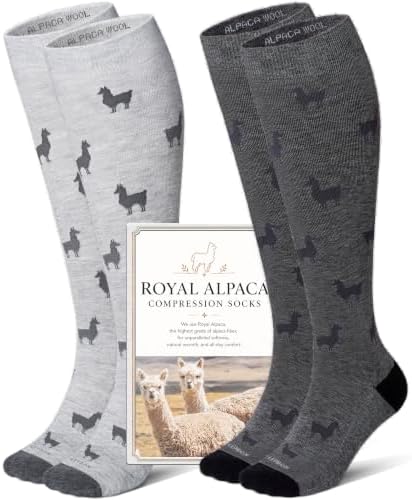 Alpaca blend knee high compression socks, Alpaca print light grey and charcoal