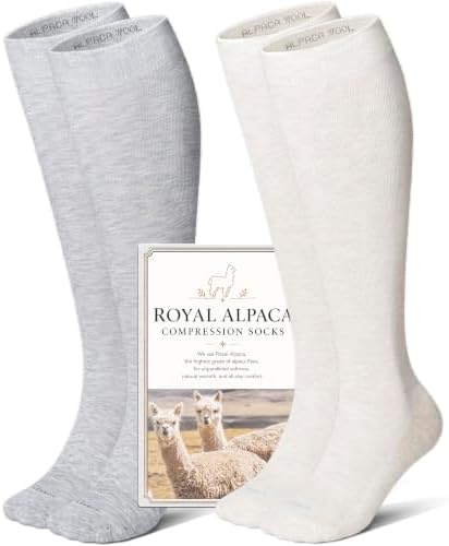 Alpaca blend knee high compression socks, Beige / Light Grey