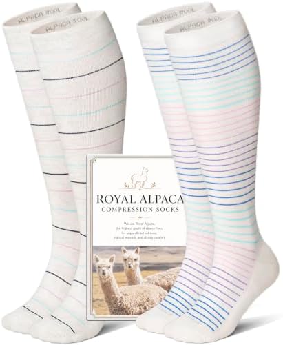 Alpaca blend knee high compression socks, Oatmeal with fine stripes