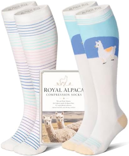Alpaca blend knee high compression socks, Striped white and alpaca blue