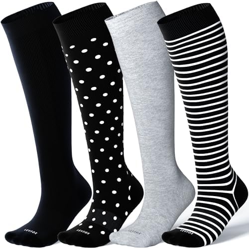 Bamboo viscose knee high compression socks, Black / polka dots / grey / stripes