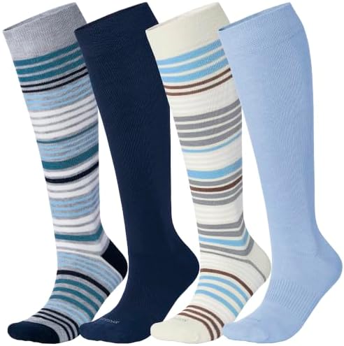 Bamboo viscose knee high compression socks, Striped grey / navy / cream / light blue