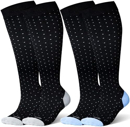 Bamboo viscose wide calf knee highs, Black Polka Dots