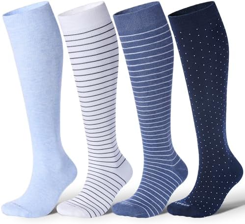 Cotton knee high compression socks, Blue stripes and dots
