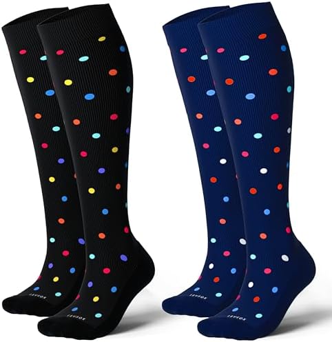 Cotton knee high compression socks, Confetti dots on black and navy
