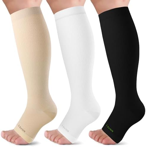 Open toe knee high compression socks, Black / White / Beige