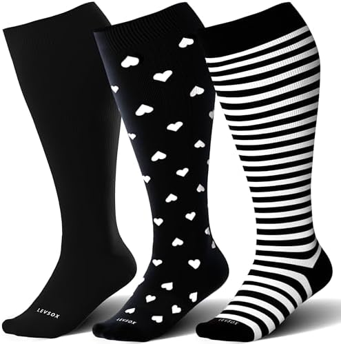 Wide calf knee high compression socks, Black / Heart / Stripe