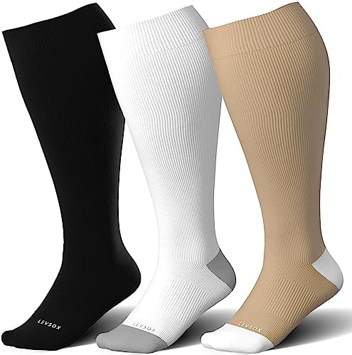 Wide calf knee high compression socks, Black / White / Wheat