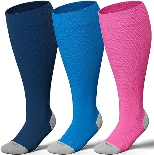 Wide calf knee high compression socks, Blue / Navy Blue / Hot Pink