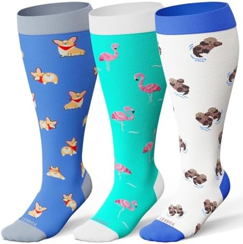 Wide calf knee high compression socks, Corgi / Flamingo / Otter