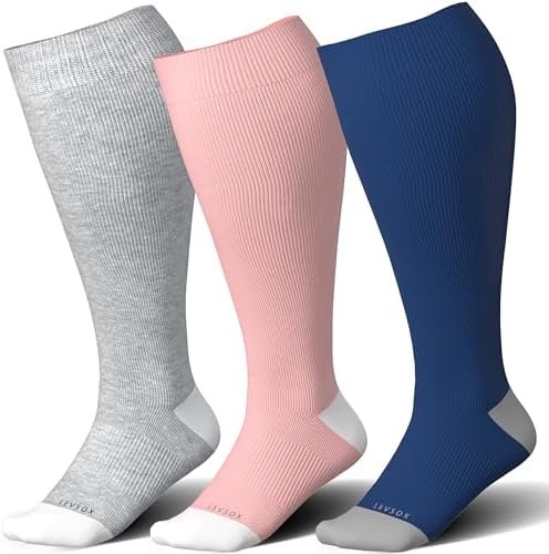 Wide calf knee high compression socks, Pink / Navy / Grey