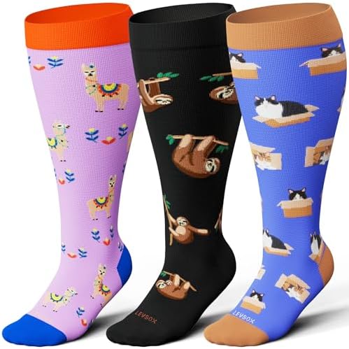 Wide calf knee high compression socks, Sloth / Alpaca / Cat