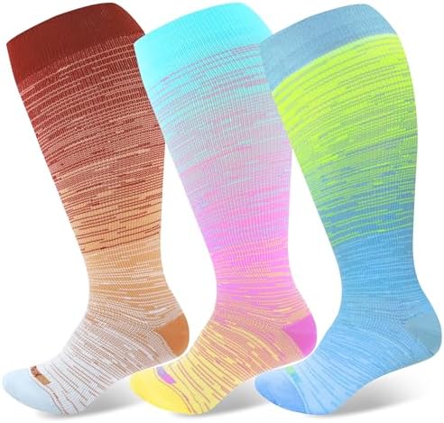 Wide calf knee high compression socks, Space dye rust / pink / lime